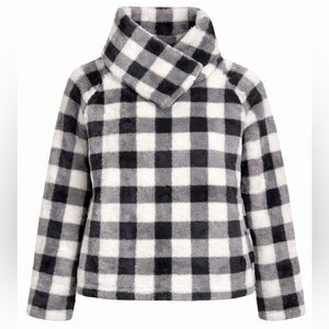 Women’s Black White Gray Buffalo Plaid Sherpa Fleece Pullover Jacket L